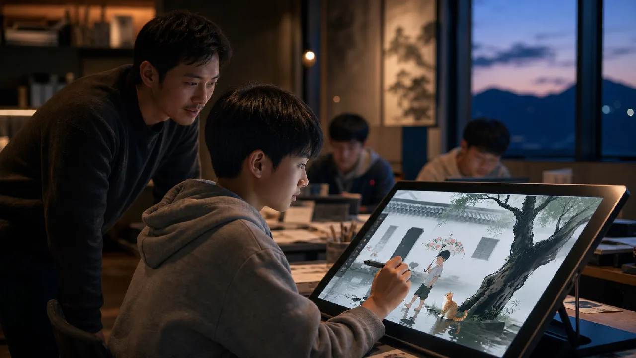 学生与教师在数字艺术课堂中进行AI美育共创